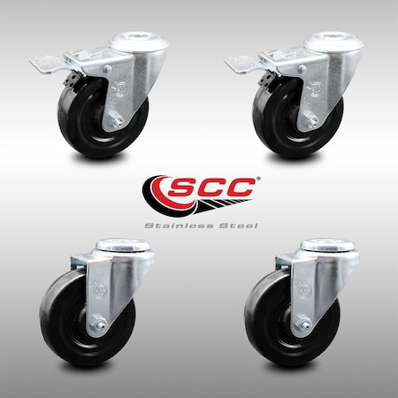 Service Caster 4 Inch SS Hard Rubber Wheel Swivel Bolt Hole Caster Set with 2 Total Lock Brakes SCC-SSBHTTL20S414-HRS-2-S-2